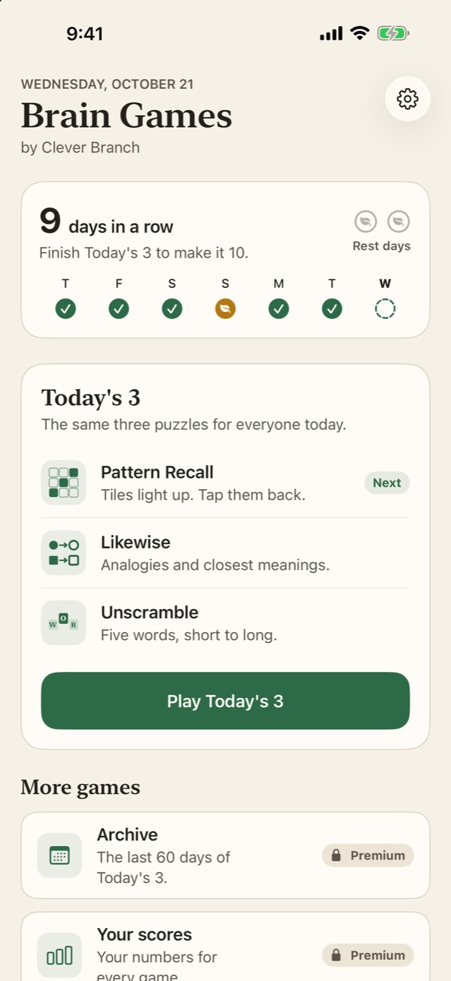 Brain Games home screen: a 9-day streak with two rest days, and Today's 3 listing Pattern Recall, Likewise and Unscramble