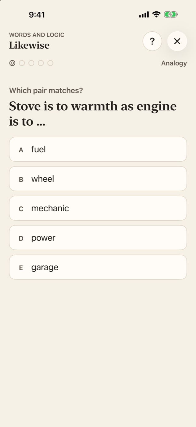 Brain Games Likewise puzzle: an analogy question, Stove is to warmth as engine is to, with five answer choices