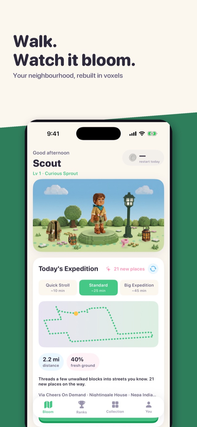 PathBloom home screen showing your bloomed neighborhood map