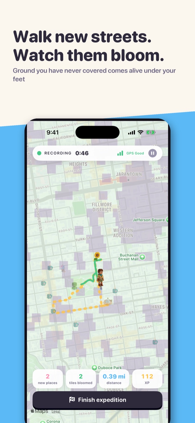 PathBloom walk in progress, streets blooming into voxel flowers on the map