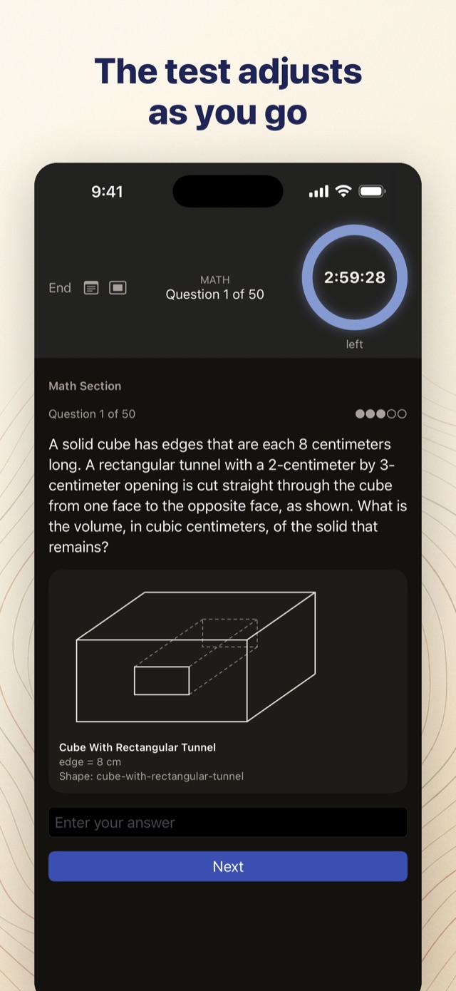 SHSAT Prep app showing the Adaptive Practice Test in progress, one math question on screen with the section clock running