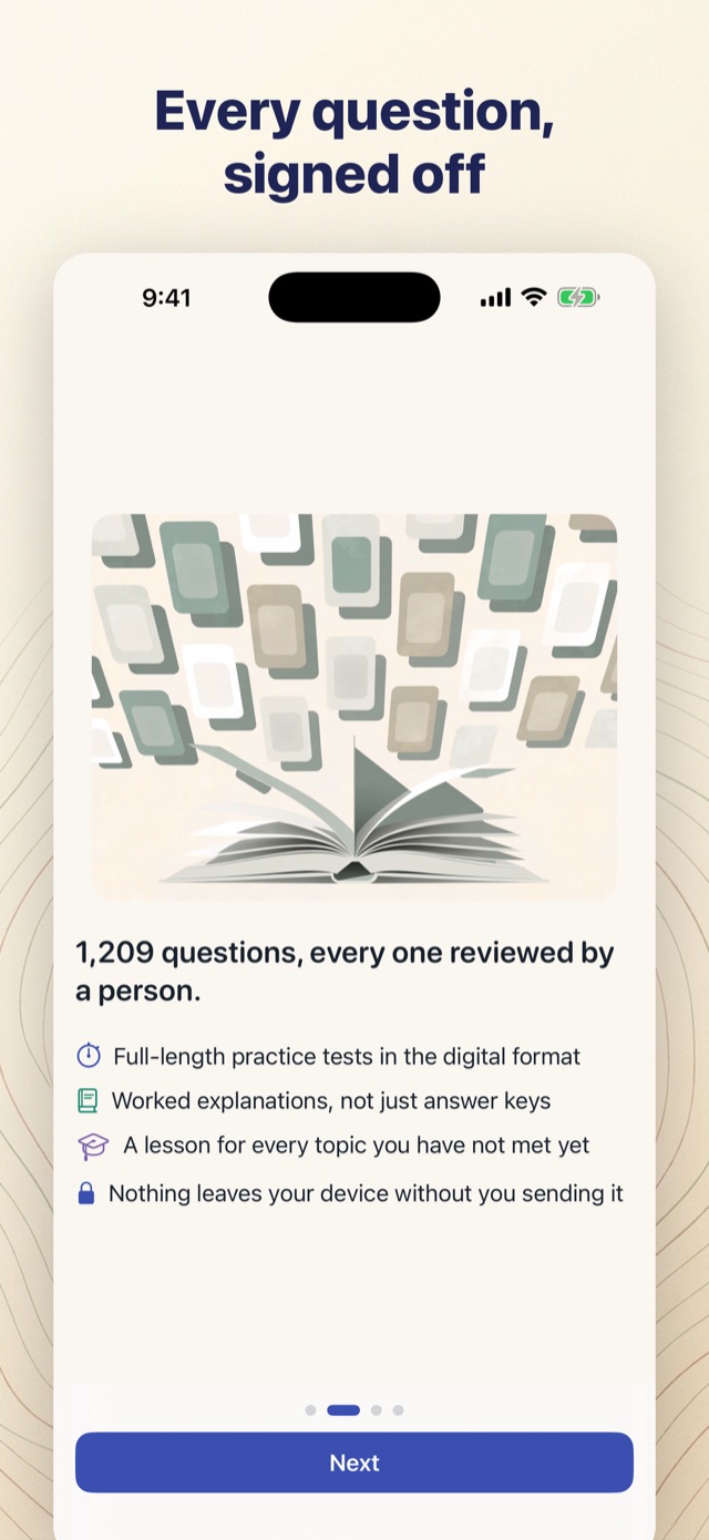 SHSAT Prep app showing the question bank organized by topic