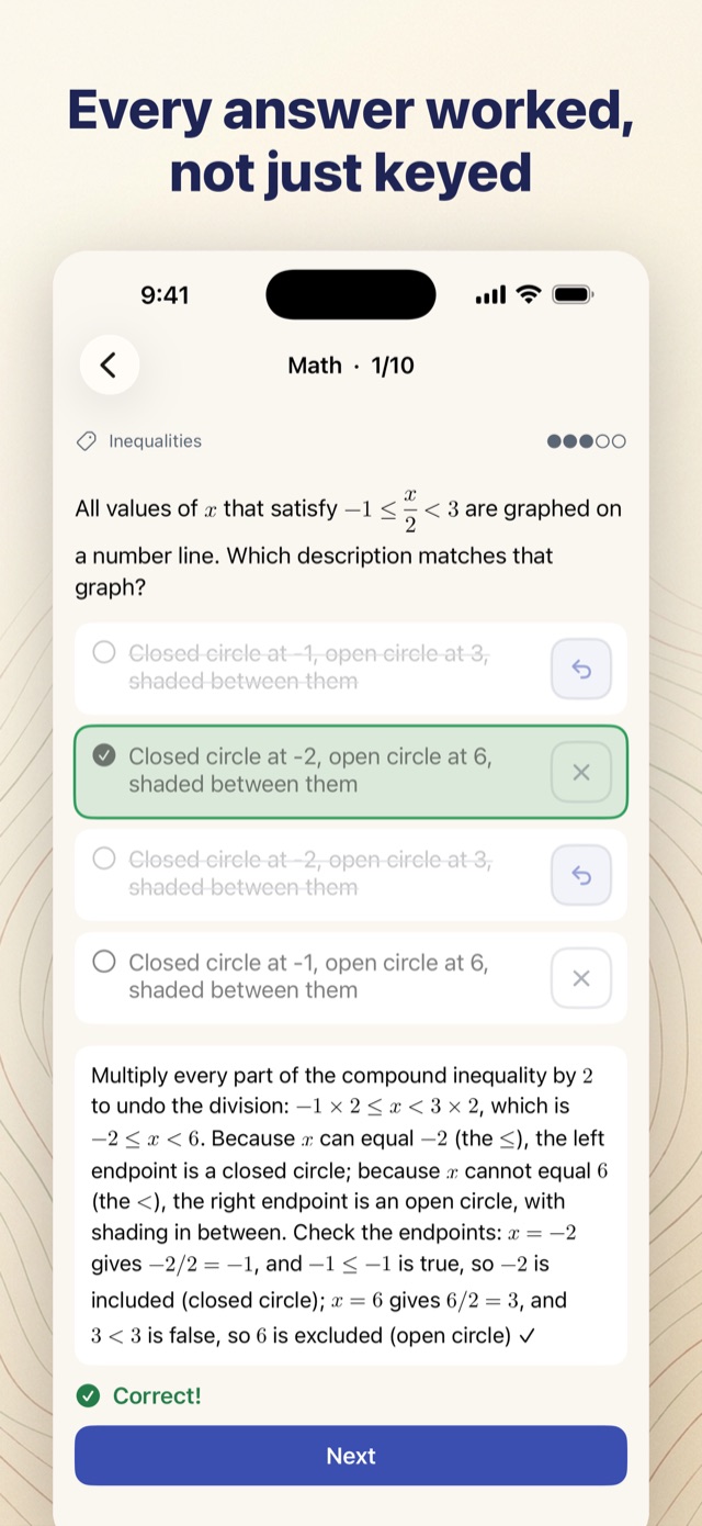 SHSAT Prep app showing a worked explanation for a math question