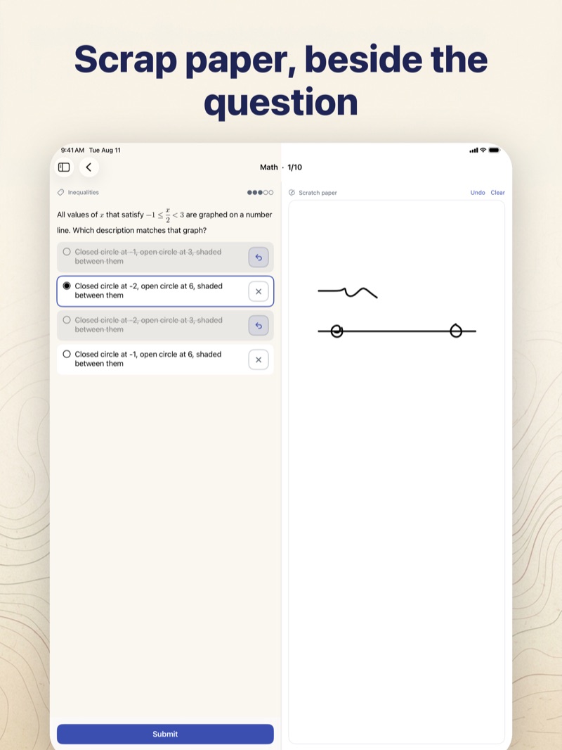 SHSAT Prep on iPad showing the scratch pad with handwritten work next to a math question