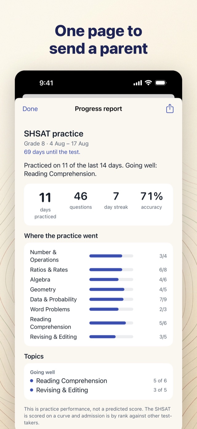 SHSAT Prep app showing the one-page progress report a student can send to a parent