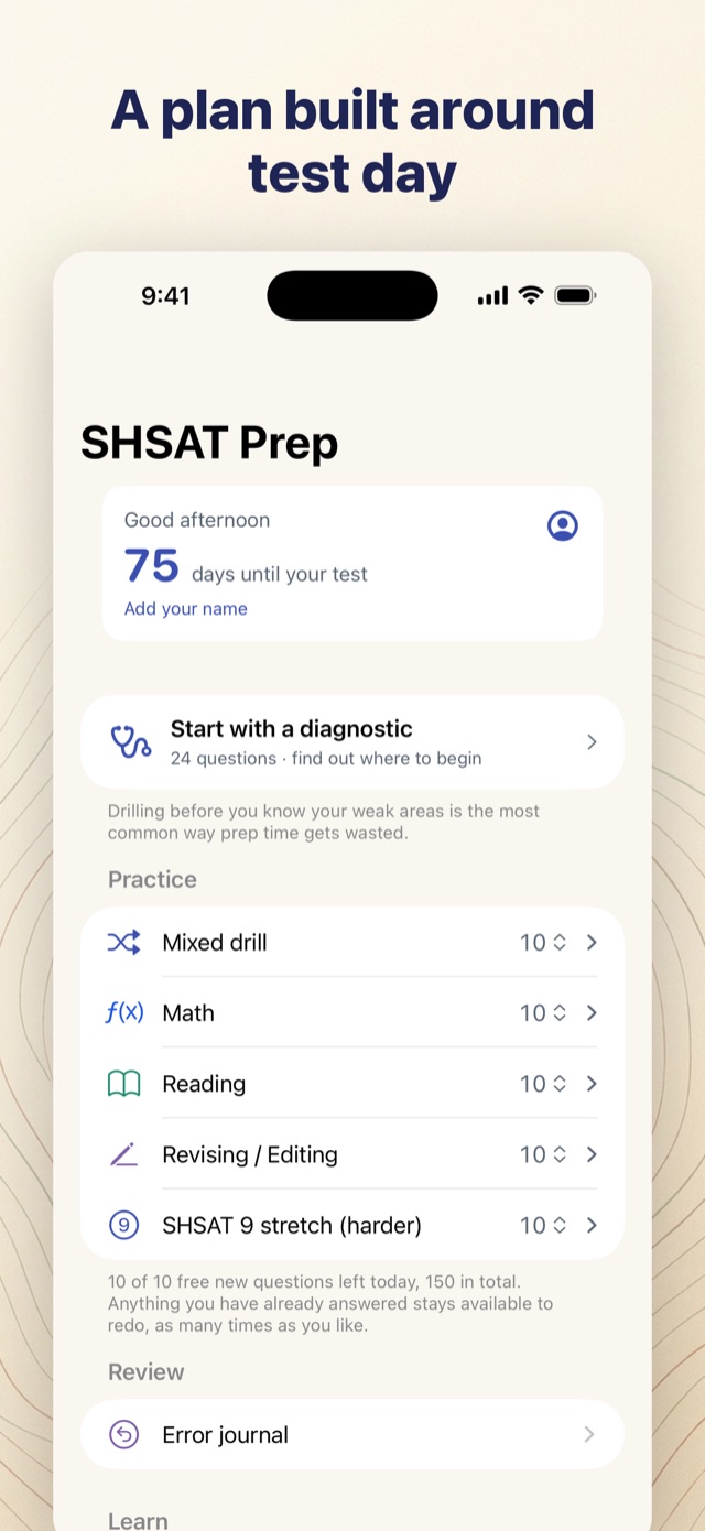 SHSAT Prep app showing the Today view with a personalized study plan