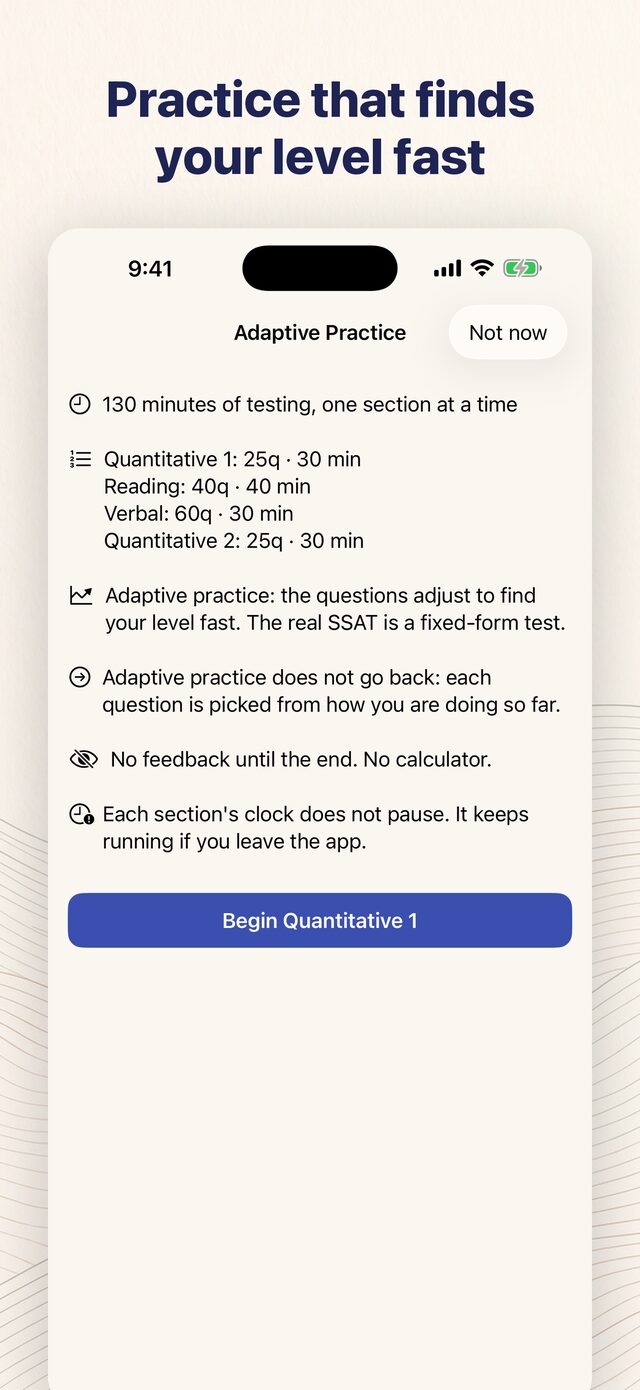 SSAT Prep app showing the Adaptive Practice briefing screen, which states plainly that the real SSAT is a fixed-form test