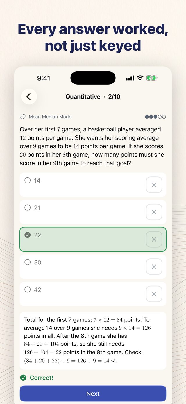 SSAT Prep app showing a worked explanation under a quantitative question, laying out the arithmetic step by step