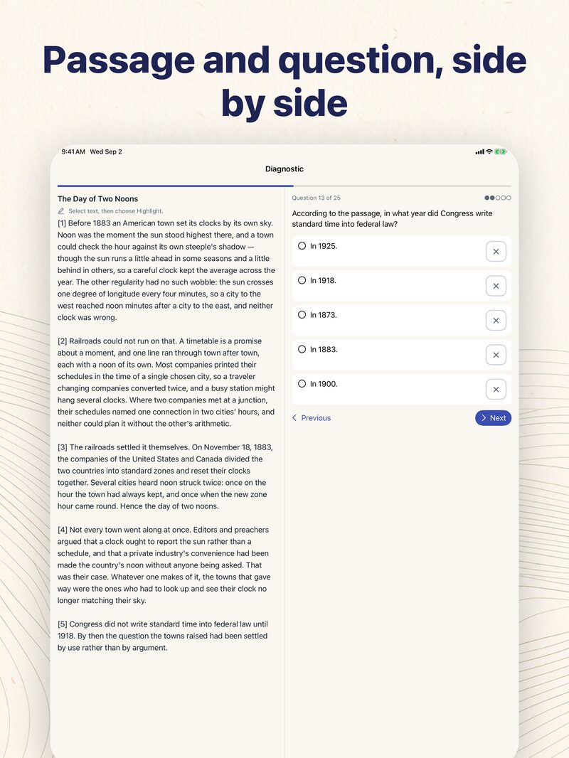 SSAT Prep on iPad showing a reading passage on the left and its question with five answer choices on the right