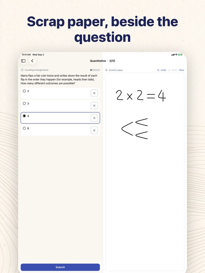 SSAT Prep on iPad showing a quantitative question beside a scratch pad with handwritten working