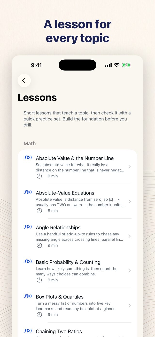SSAT Prep app showing the lesson library, each lesson with a short summary and a reading time