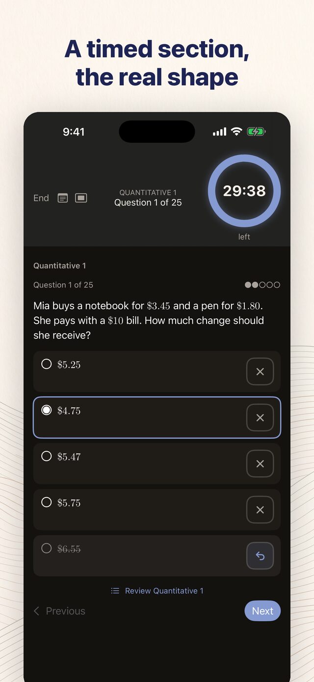 SSAT Prep app showing a timed Quantitative section, question 1 of 25 with the section clock running and five answer choices, one of them crossed out