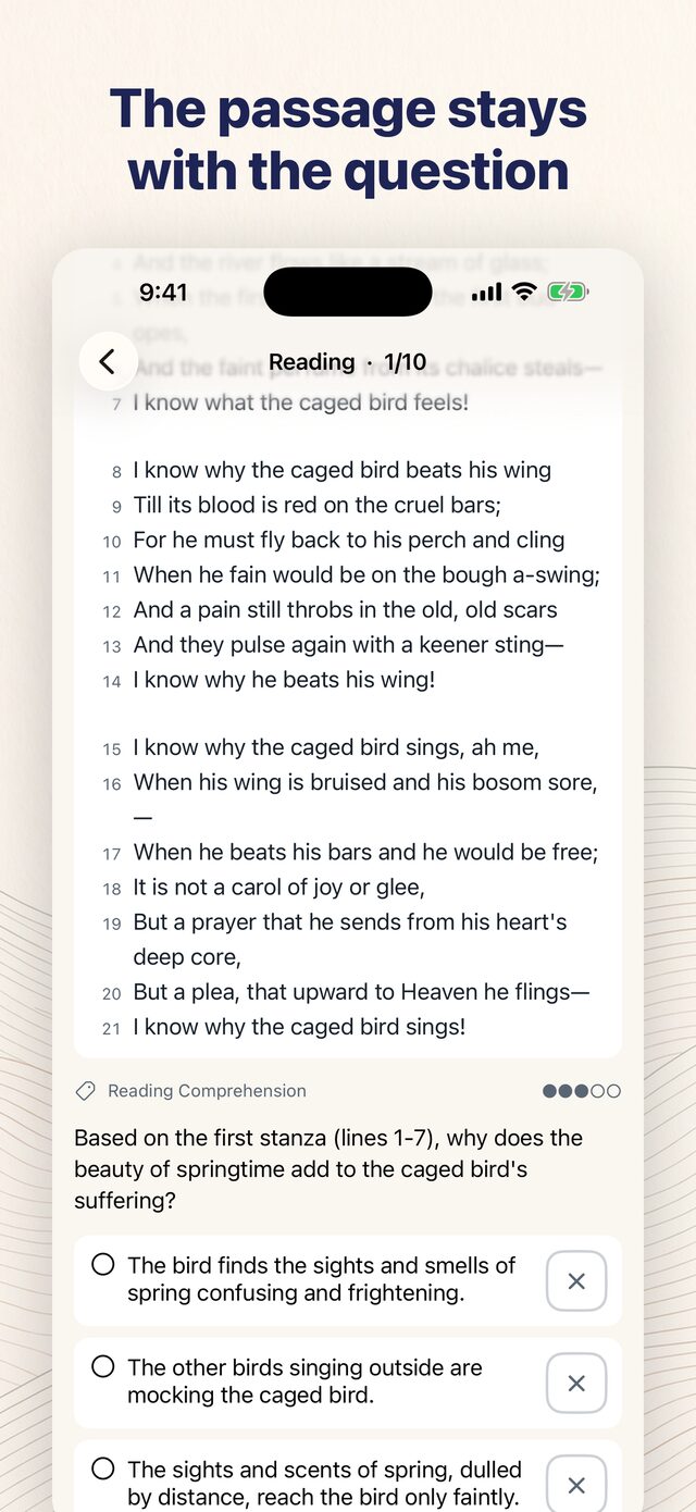 SSAT Prep app showing a reading passage with numbered lines above its question and answer choices