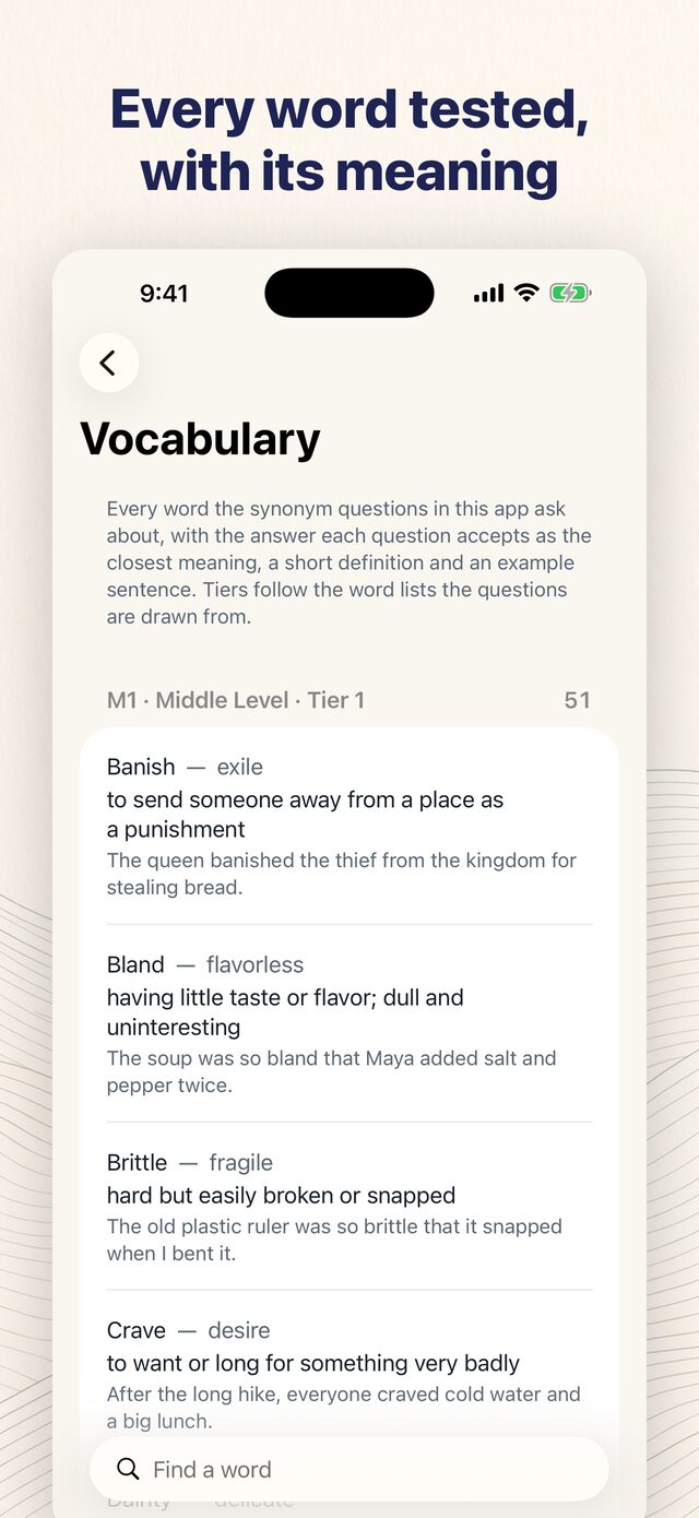 SSAT Prep app showing the vocabulary list: every word the synonym questions ask about, with its meaning and an example sentence