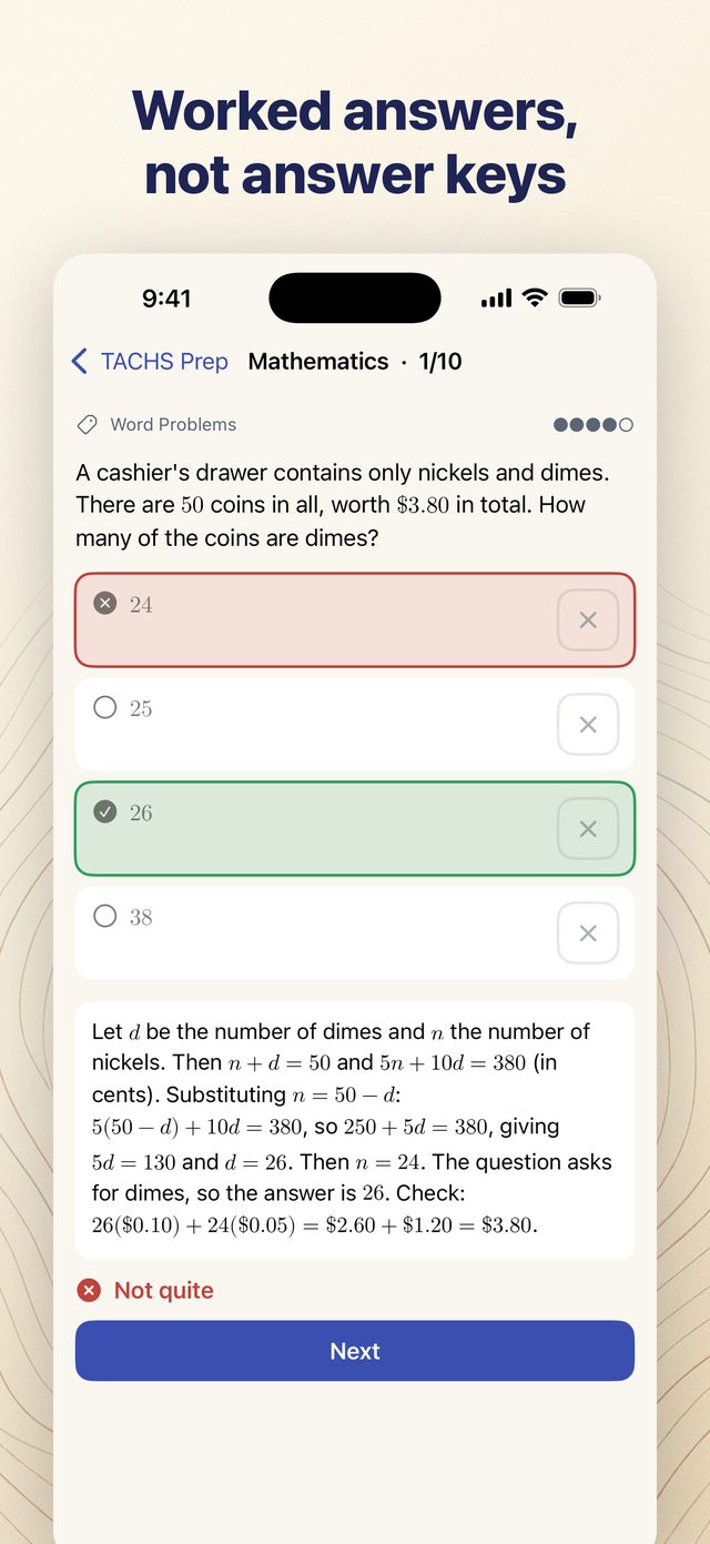TACHS Prep app showing a worked explanation under a mathematics question, laying out the method step by step