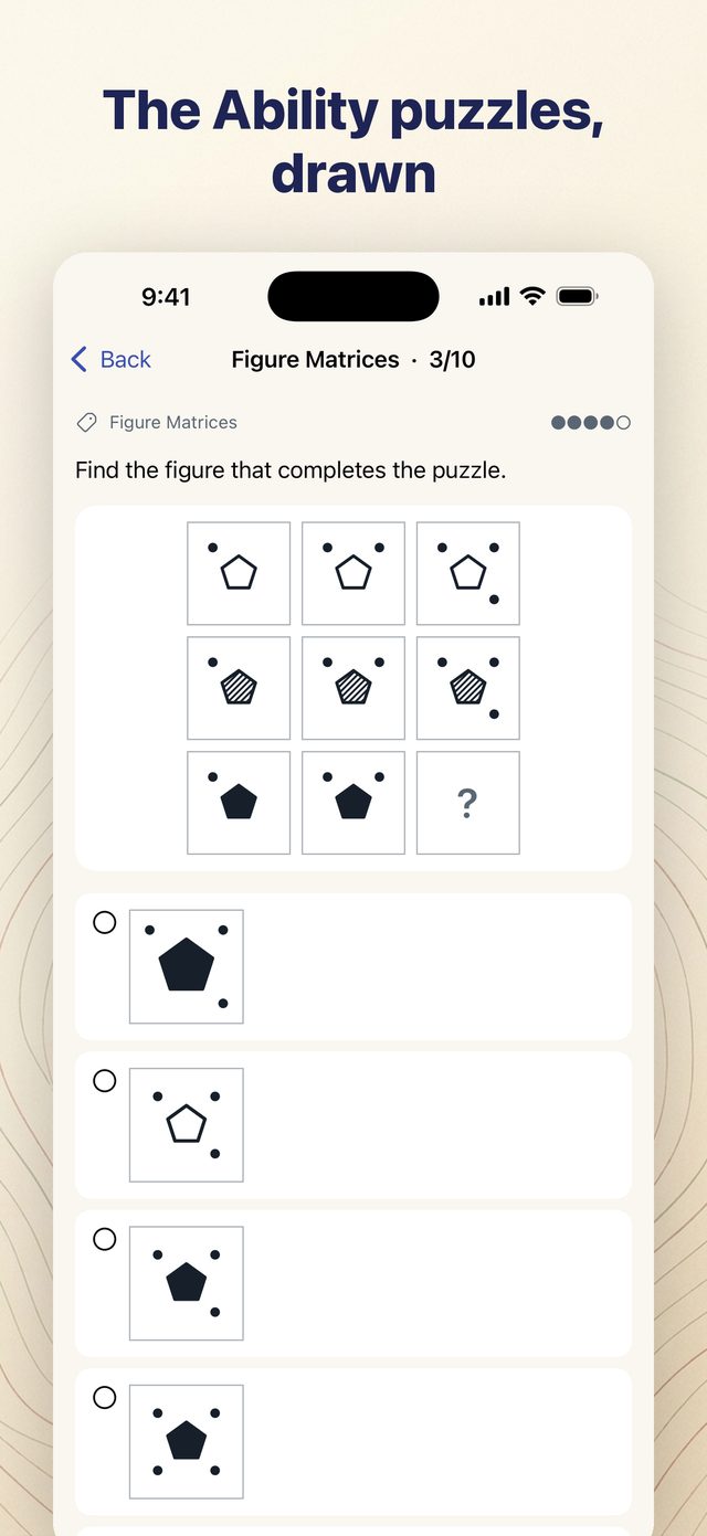 TACHS Prep app showing a Figure Matrices puzzle drawn on screen with five lettered answer choices