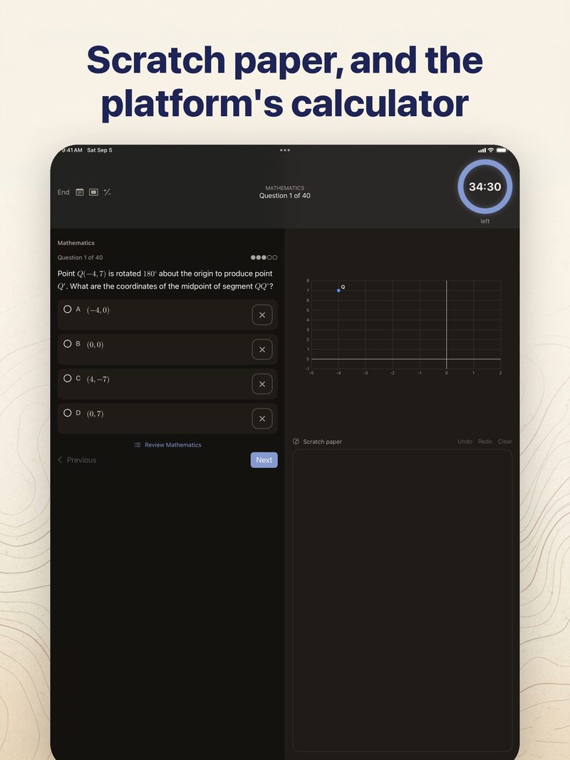 TACHS Prep on iPad showing a mathematics question beside the scratch pad with the calculator open