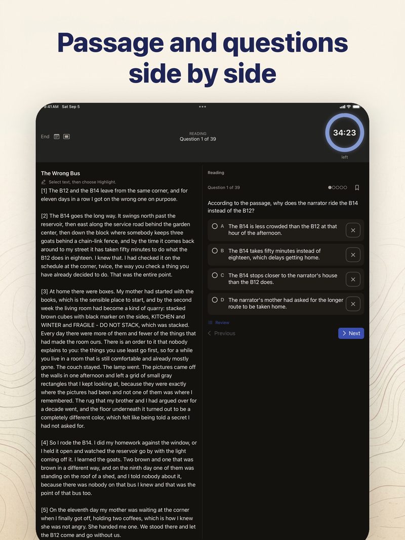 TACHS Prep on iPad showing a reading passage on the left and its question with four answer choices on the right