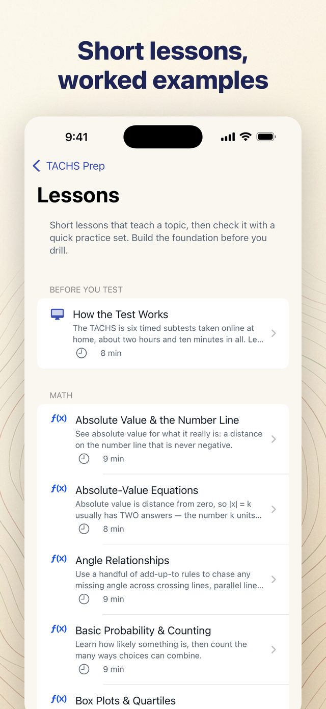 TACHS Prep app showing the lesson library, each lesson with a short summary and a reading time