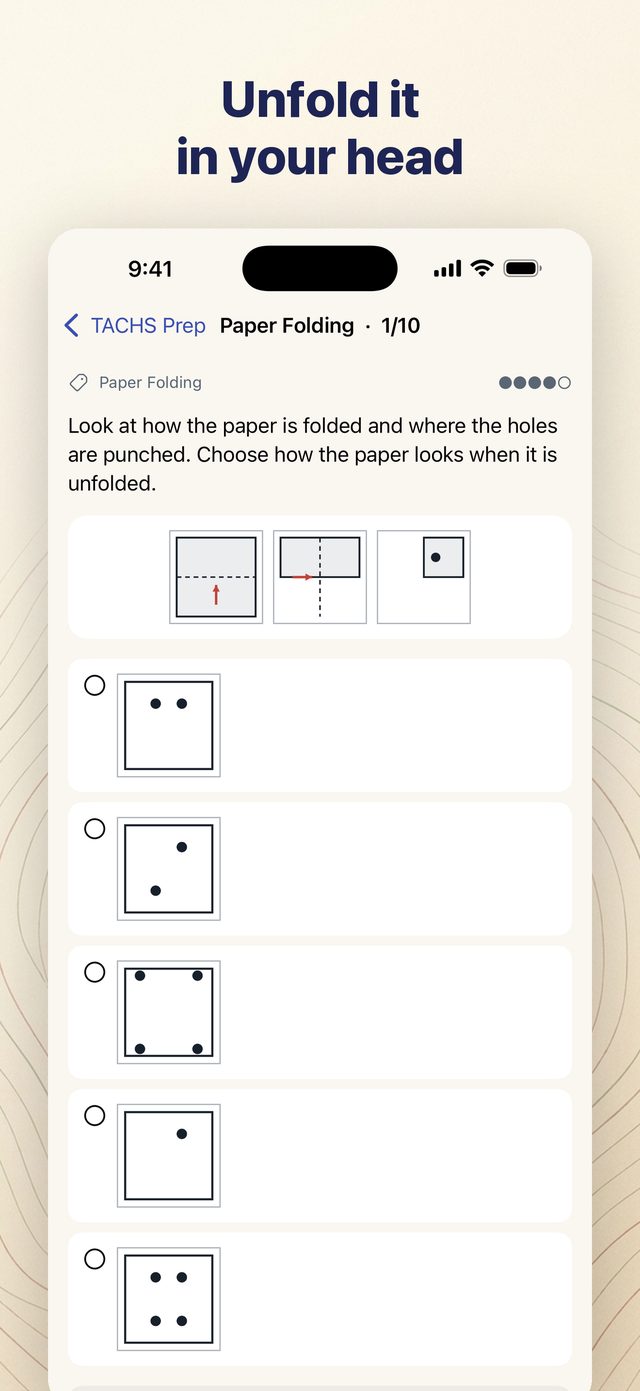 TACHS Prep app showing a Paper Folding puzzle: the fold sequence, the punches, and five possible unfolded results