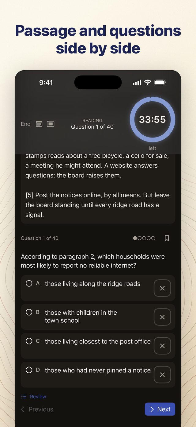 TACHS Prep app showing a reading passage beside its question, with the highlighter and the section clock