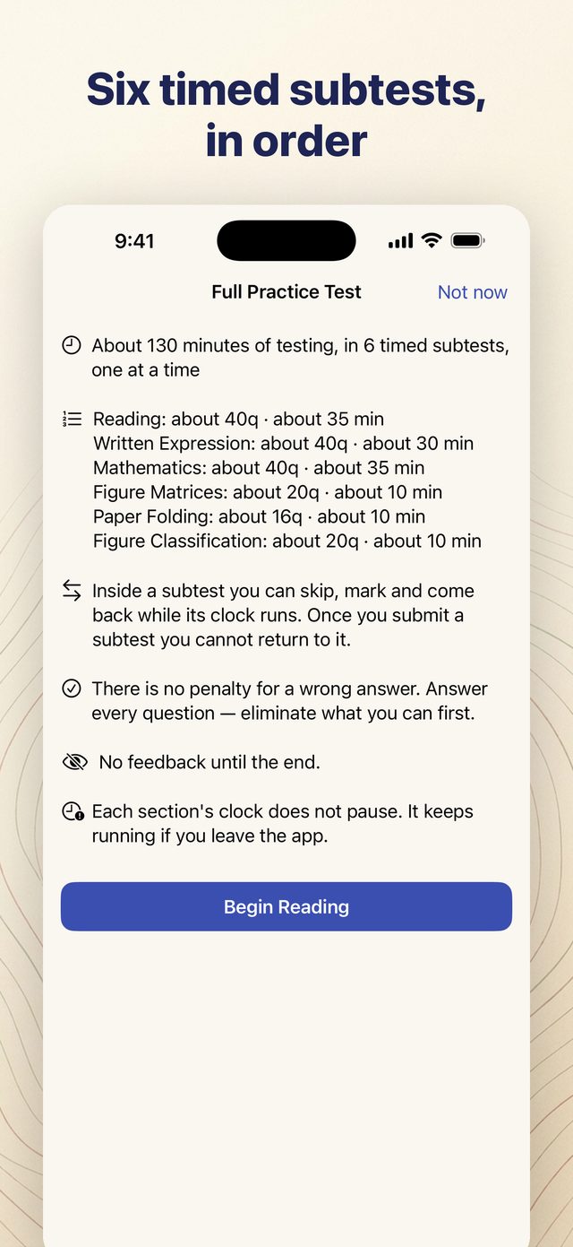 TACHS Prep app showing the full practice test intro: six timed subtests listed in order, each with its clock