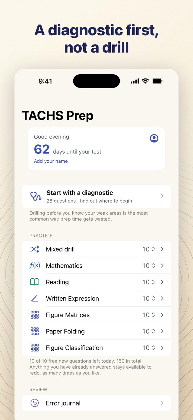 TACHS Prep app showing the Today screen: the diagnostic card and the study plan
