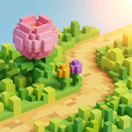 PathBloom app icon: a pink voxel flower blooming beside a winding path through green voxel terrain