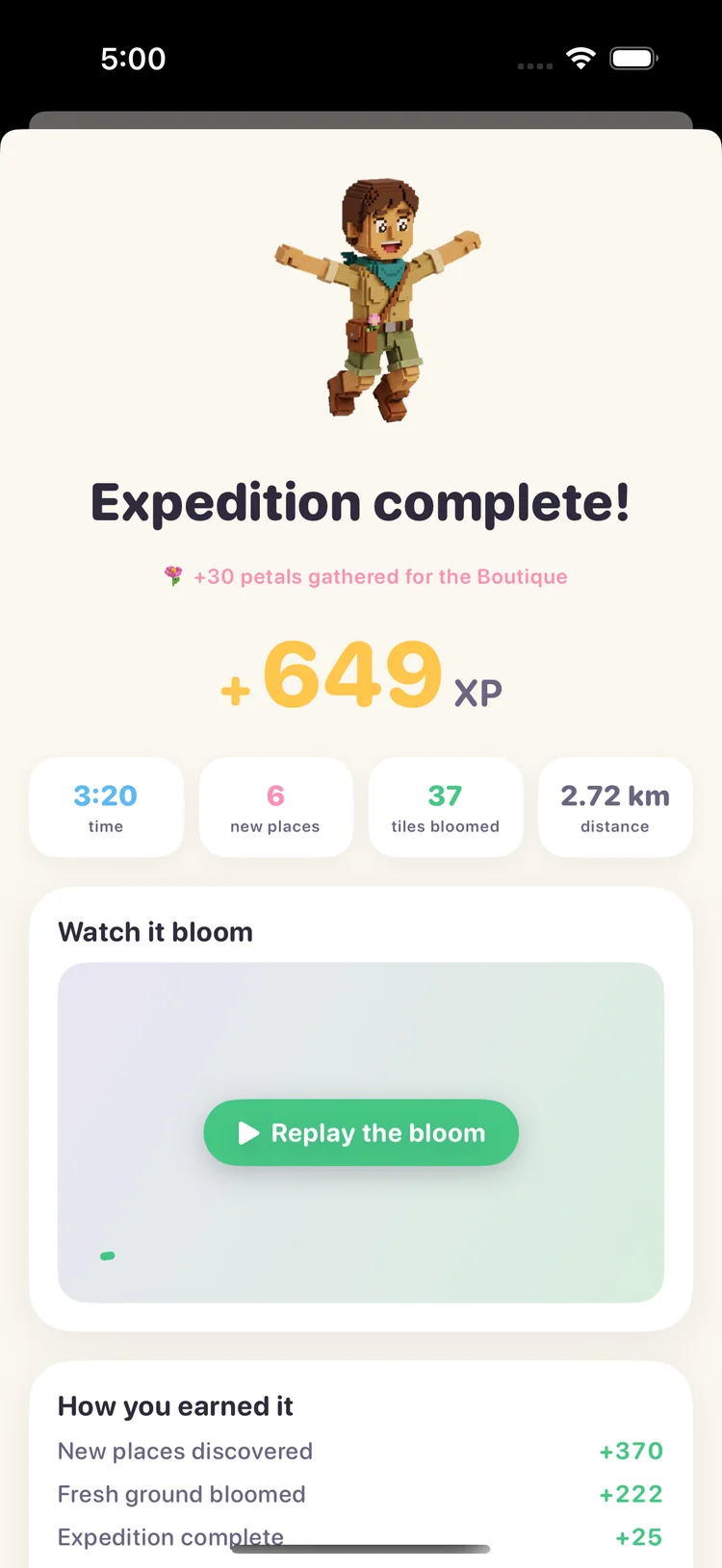 Walk summary screen: Expedition complete, XP earned, tiles bloomed, and a replay-the-bloom card